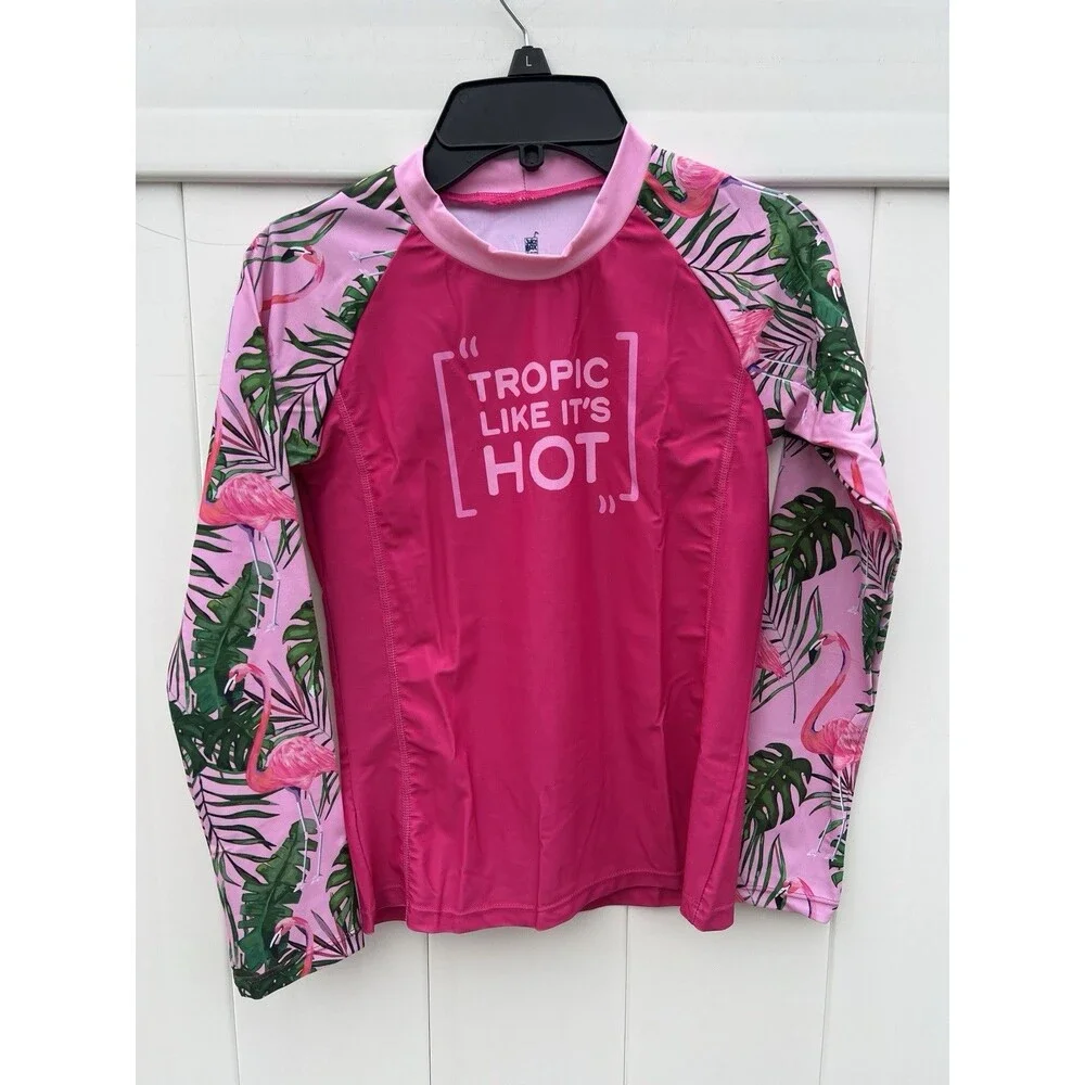 Juice Box Girls Rash Guard Sun Shield Swim Tee Large 12-14 Pink Tropical